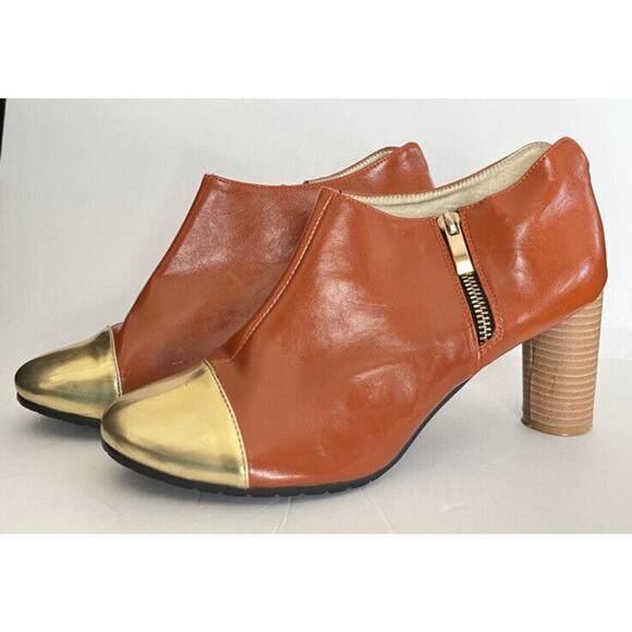 Cri de Coeur •11• Ankle Boots Heels Round Orange Gold Cap Toe Zip Wood Stacked - Picture 1 of 11